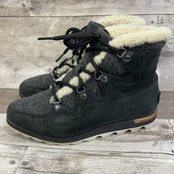 Sorel Sneakchic Alpine Wedge Ankle Boots Bootie Wool Leather Black Size … - Picture 1 of 13